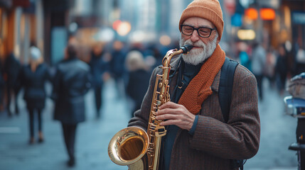 Fototapeta premium Street musician playing saxophone city center photography urban environment close-up vibrant culture