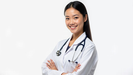 Fototapeta premium Professional Asian Female Doctor in White Coat with Stethoscope against Bright White Background