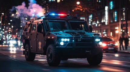 Obraz premium Nighttime Police Vehicle in Urban City