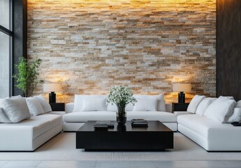 Modern living room with white sofa set, stone wall, and black coffee table.