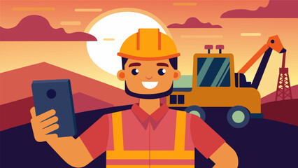 Fototapeta premium With sweat dripping down their face a construction worker takes a quick breather to snap a selfie with their bulldozer at sunset.. Vector illustration