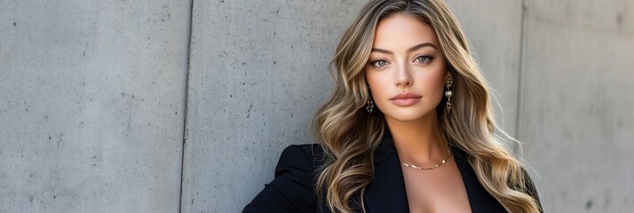 Naklejka premium Elegant Blonde Woman in Black Blazer Professional Portrait