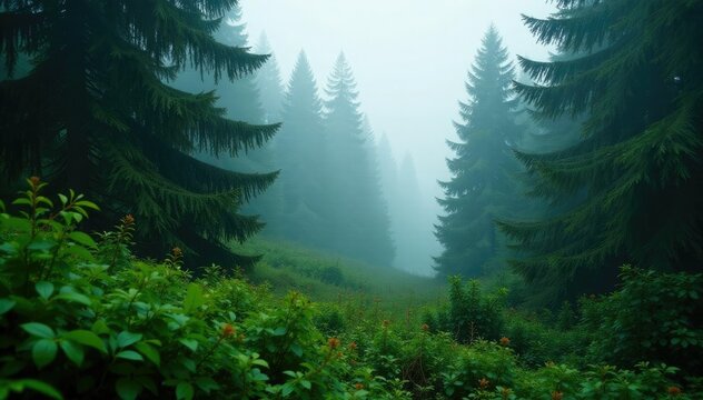 Dense foliage of evergreen trees in a misty forest environment, plant, foliage