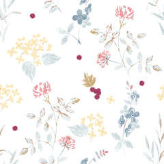 Seamless pattern with colorful garden flowers and berries. Botanical illustration for home decor.