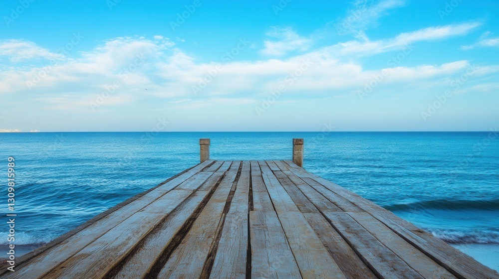 Aufkleber serene wooden pier extending over calm waters under clear blue sky at coastal location generative ai
