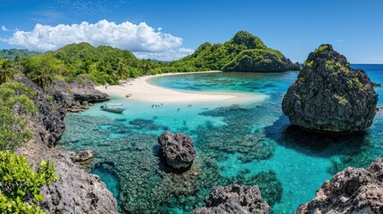 Naklejka premium Tropical bay beach scene with tourists, pristine turquoise water, lush green hills, and dramatic cliffs