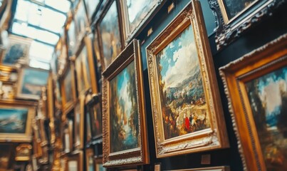 Paintings fill gallery walls classic art collection.