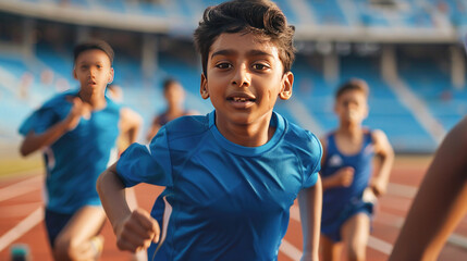 indian school boys running in the school running completion at ground