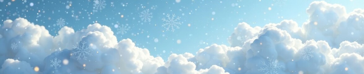 Fluffy white clouds adorned with shimmering silver garlands, fluffy, winter, snowflakes