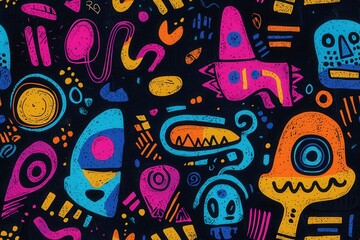 Creative doodle art with different shapes seamless texture map pattern background