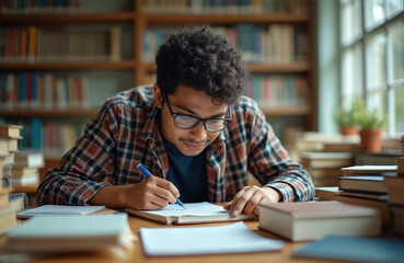 Focused Indian student takes notes in book studying in library. Learner wears spectacles, shirt, surrounded by textbooks. Concentrated academic writes research, works hard. Diligent pupil learns