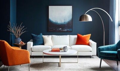 Modern living room with white sofa, teal and orange armchairs, abstract art, and floor lamp.
