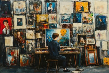 Obraz premium Artist working on painting in his studio.