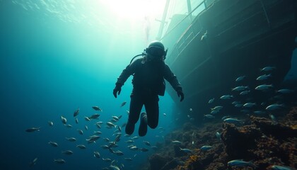 Deep Sea Diver Exploring Underwater Shipwreck with Fish Swarm