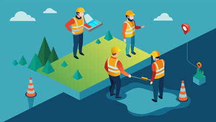 Naklejka premium Workers using tingedge 3D mapping technology to guide the placement of underwater construction materials.. Vector illustration