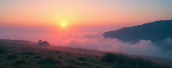 Foggy landscape with mist rising from the ground, sunrise, serene, fog