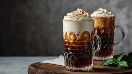 Two glasses of iced coffee with vanilla cold foam served on a table in a refreshing and inviting presentation