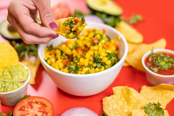 Corn salsa chips and dip