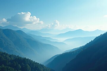 Foggy mountains meet a cerulean sky with wispy clouds, misty, sky, soft focus