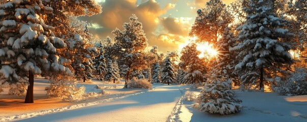 Winter Sunrise in Snowy Forest with Golden Sunlight and Trees