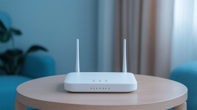 A Wi-Fi router sits on a table in a room, providing a connection to internet for surrounding area