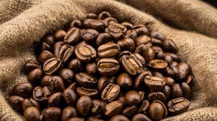 Fototapeta premium Natural coffee beans displayed in a rustic setting highlighting the rich aroma and flavor of fresh coffee