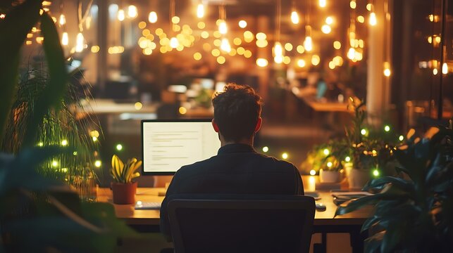 A professional coder in an open office environment, green decorative lights enhancing the festive atmosphere