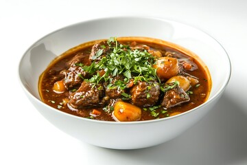 Fototapeta premium A bowl of beef stew is served in a white ceramic dish