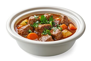 A bowl of beef stew is served in a white ceramic dish