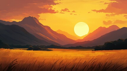 Majestic Sunset over Mountain Landscape with Golden Fields