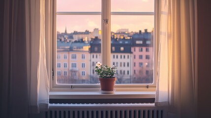 Daylit Stockholm apartment window view: pink sky, beige walls, flower pot, white curtains, cityscape close-up