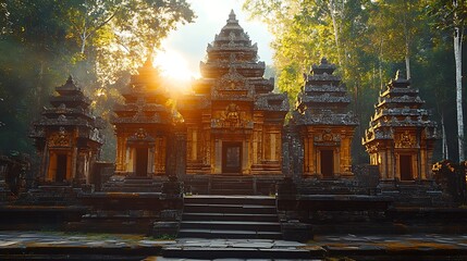 Naklejka premium Sunrise temple complex amid jungle trees