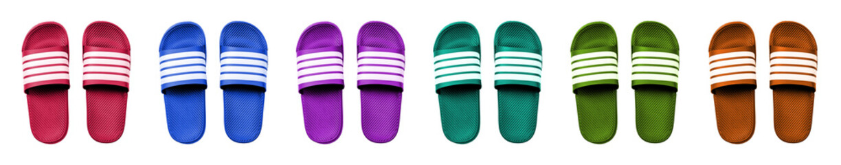 Set of colorful rubber slippers cutout. New slide sandals collection isolated on white background. Beach flip flops for hot weather and summer vacation. Shoes for pool and shower.