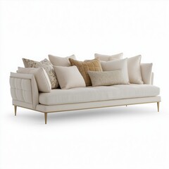 A plush daybed in cream fabric with brass legs, styled with patterned throw pillows , isolated on a white background