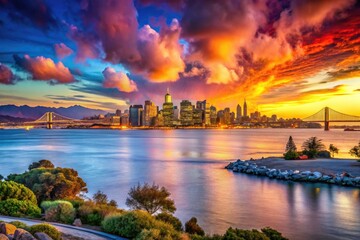 Fototapeta premium Stunning Emeryville Bay View, San Francisco Skyline, California Coastline Photography