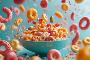 Colorful breakfast cereal splash in blue bowl with assorted floating loops