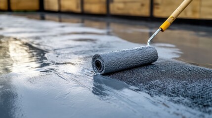 Applying gray epoxy resin coating to a floor