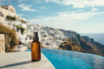 Sun protection in paradise—organic sunscreen bottle beside a stunning infinity pool on a Greek island, olive trees in the backdrop.