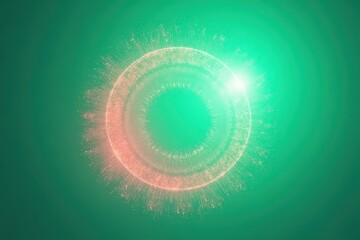 radiant neon green-and-red pixel circle cluster with arranged center-left in a soft teal-to-white gradient in vibrant contrast – Futuristic Digital Art