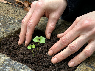 Hands gently tending to new spring growth, emphasizing the act of care and renewal. Focus on simple, natural gestures.