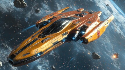 Orange Spaceship Soaring Through Asteroid Field