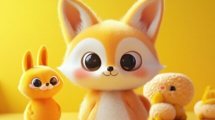 Cute orange fox and friends with big eyes on yellow background