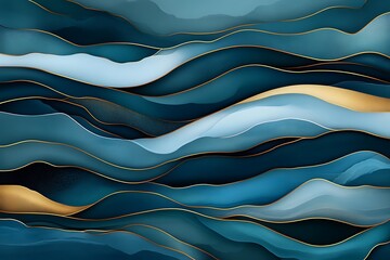 Abstract wavy art in blues and gold evokes dreamy ocean landscapes
