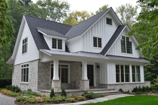 Stylish Home Facade Featuring Stone Veneer and Classic White Board and Batten Siding with Inviting Porch Design