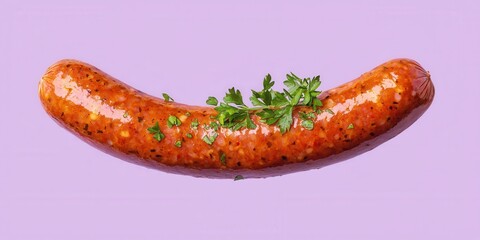 Floating smoked sausage with a garnish of parsley on a soft lavender background