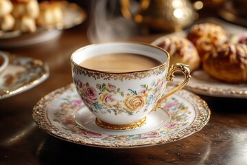 Fototapeta premium A cup of coffee is served on a decorative saucer, accompanied by a small plate of pastries