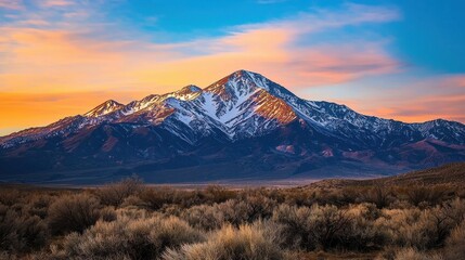 Fototapeta premium Stunning Sunset Over Snow-Capped Mountain Range with Wild Landscape