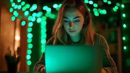 A young businesswoman coding on her laptop, green decorative lights creating a dynamic visual contrast in her workspace