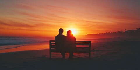 Obraz premium Valentines Day Concept. couple sitting on bench in front of sunset at the beach, taken from behind them.