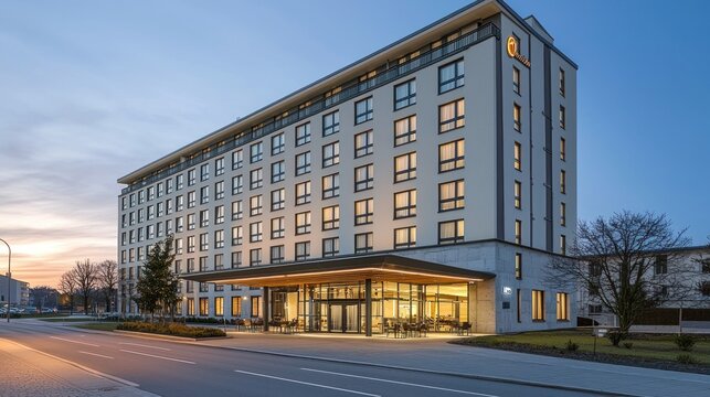 Modern hotel facade at dawn, city street, urban setting
